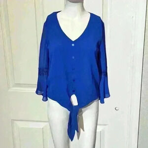 Anthropologie I.N. San Francisco Womens Cobalt Royal Blue Bell Sleeve Boho Top S